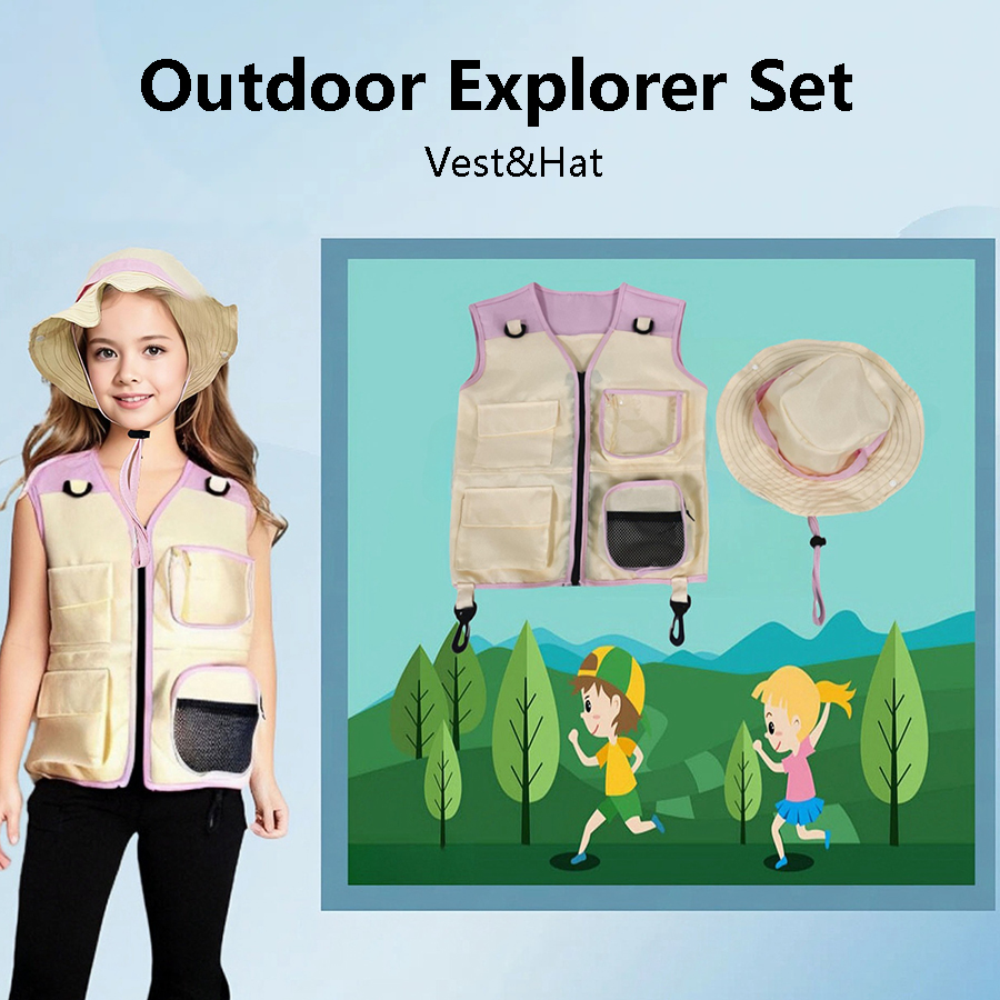 Outdoor Adventure Kids Party - Dziecięcy strój odkrywcy: kamizelka, kapelusz, zestaw